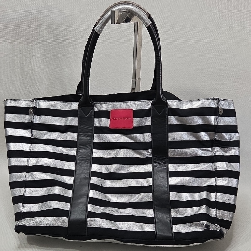 Victorias Secret Black and Silver Striped Tote